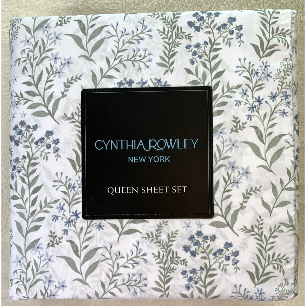 CYNTHIA ROWLEY Verona White Blue Green 4 Piece QUEEN Sheet Set 100% MICROFIBER